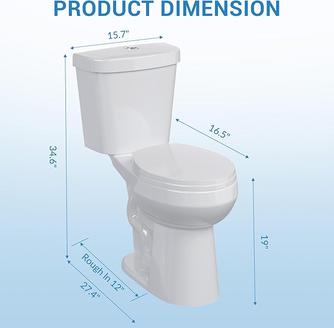 Two-Piece Toilets for Bathrooms, Comfort ADA Toilet with 19" Height, Round with Soft Close Seat, Power Flush 1.28 GPF