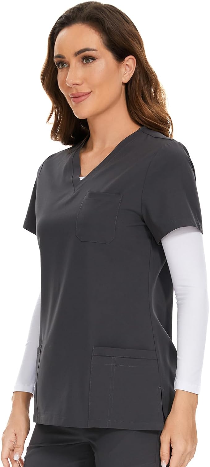 Scrubs Tops for Woman - Soft Stretch, V-Neck Tops | 3 Pockets, Side Split Design, Short Sleeve, Breathable & Lightweight Nursing Shirt, Easy-Care Fabric for All-Day Comfort