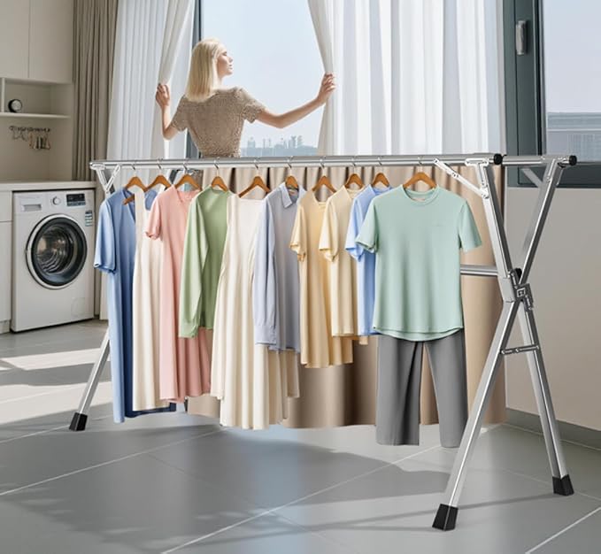 Folding Stainless Steel Laundry Drying Rack 63 Inches | Heavy-duty stainless steel, Foldable & Retractable, Holds up to 150 lbs, Includes 20 windproof hooks for indoor & outdoor use