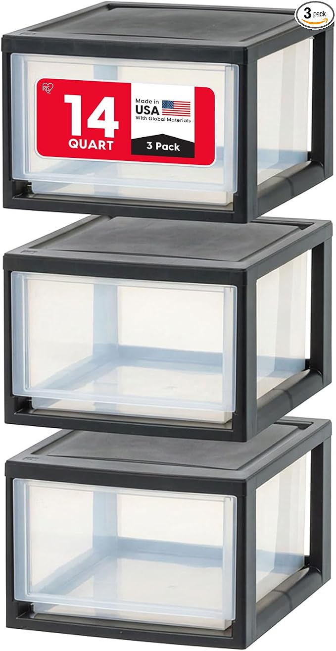 IRIS USA 3-Pack, 14.5 Qt. Stacking Drawer Storage Organizer, Black | Store shoes, clothing, accessories, and household essentials around your home with organized storage for everyday needs