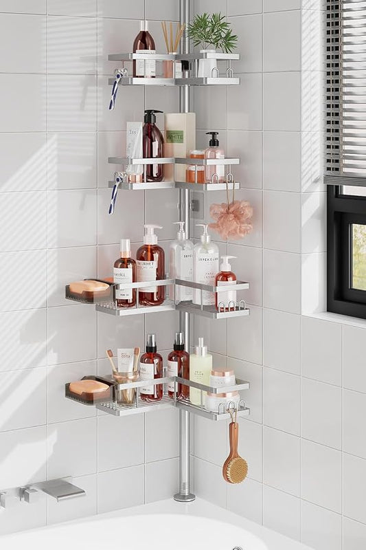 YASONIC Corner Shower Caddy Tension Pole, 25.7-109.1in Adjustable Shower Shelves, Rust-Resistant Shower Organizer, No-Drill 3-Step Installation, Bathroom Shelves for Renters & Family, Silver