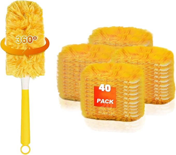 40-Pack Duster Refills Compatible for Swiffer Duster Refills, 360° Disposable Heavy Duster Dry Cleaning Cloth with 1 Short Handle, Multi-Surface Cleaning Kit for Blinds Bookshelf Ceiling Fans