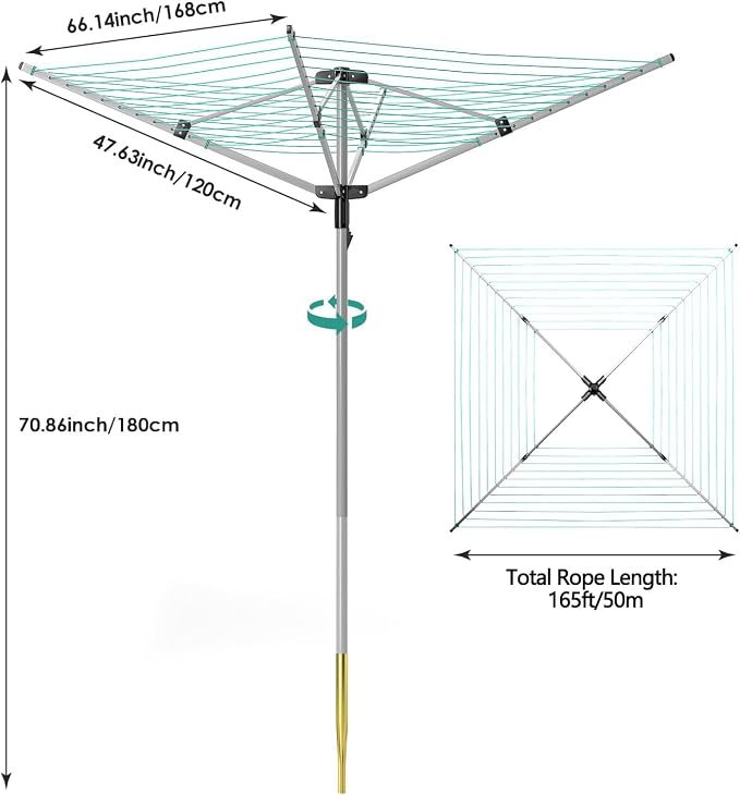tonchean Adjustable Height Rotary 4-arm Clothesline Umbrella Drying Rack | Collapsible Clothes Drying Rack for Laundry Outdoors Dryer Collapsible Clothes Drying Rack | 12-Lines with 165ft. Clothesline
