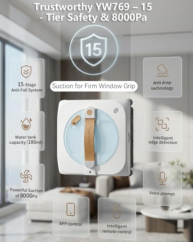 Upgraded Window Cleaning Robot, 8000Pa Strong Suction, 15-Stage Anti-Fall, Smart Path Planning, Edge Detection, App & Remote Control, Automatic Glass Cleaner for High Rise Windows, Glass, Tile