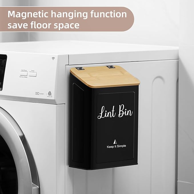 SUBEKYU Magnetic Lint Bin for Laundry Room Organization and Storage,Black | Wall Mounted Metal Lint Box Holder Trash Can with Bamboo Lid for Dryer,Lint Basket for Laundry Room Decor