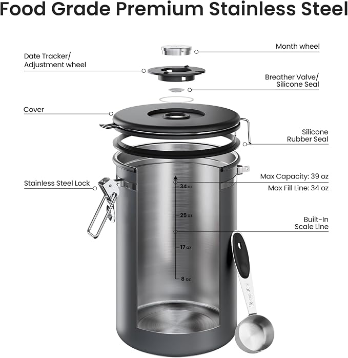 Veken Coffee Canister, 39OZ Large,Airtight Stainless Steel Food Storage Container for 2.2lbs Beans,Ground,Sugar,Espresso,Rice,Tea,Flour,Cereal,Cookie,Lids,Jars,Gifts,Scoop,Kitchen Bar Accessories,Gray