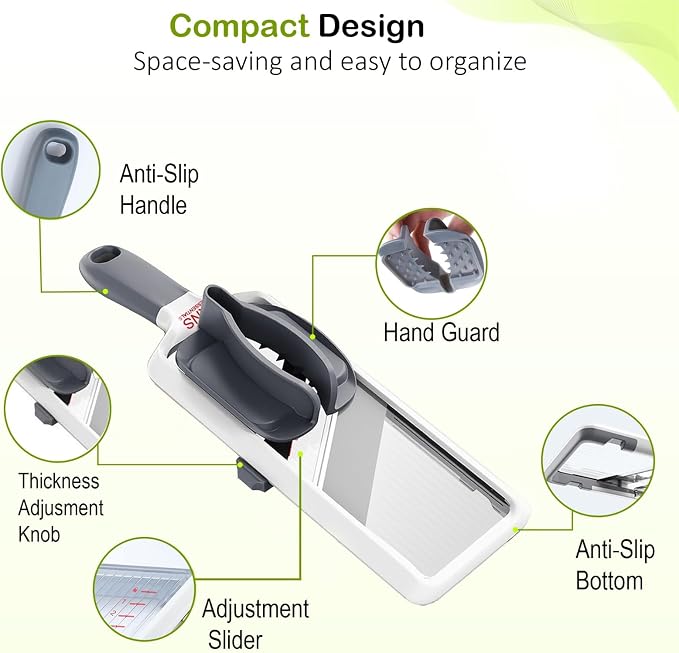 Mandoline Slicer for Kitchen – Adjustable Stainless Steel Blades, with Comfort Grip – Vegetable Slicer for Small to Medium sized Cucumber, Onion, Potato – Gray