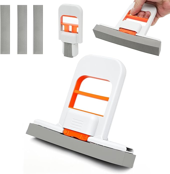 Self Squeezing Mini Mop, Orange Small Sponge Mop, Wet and Dry Use Cleaning System, Foldable Desktop Mop, One-Hand Squeeze Handle and Replaceable Head