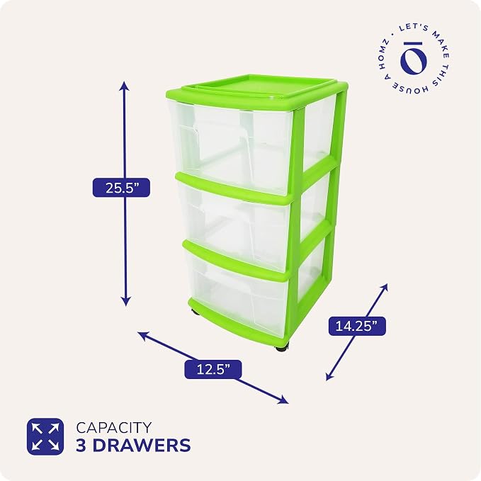 Homz 3 Drawer Plastic Storage and Organizer Cart, Rolling Cabinet for Home, Office, Classroom, Craft, Art Supplies, Bold Lime Frame with Clear Drawers