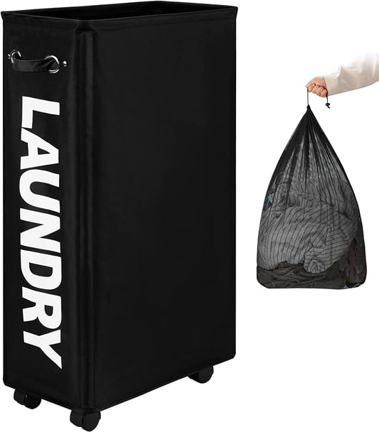 DOKEHOM 29" Enlarged Slim Rolling Laundry Basket Hamper on Wheels, Black | Collapsible tall laundry hamper with removable mesh wash bag. Foldable narrow corner clothes storage bin for small spaces