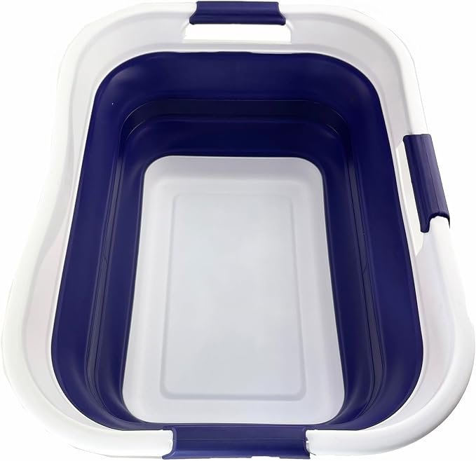 SAMMART 30L (8 gallons) Collapsible Plastic Laundry Washing Tub/Basket-Portable Pop Up Storage Container/Organizer-Foldable Laundry Hamper-Space Saving (1, White/Navy Blue)