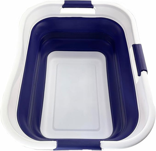 SAMMART 30L (8 gallons) Collapsible Plastic Laundry Washing Tub/Basket-Portable Pop Up Storage Container/Organizer-Foldable Laundry Hamper-Space Saving (1, White/Navy Blue)