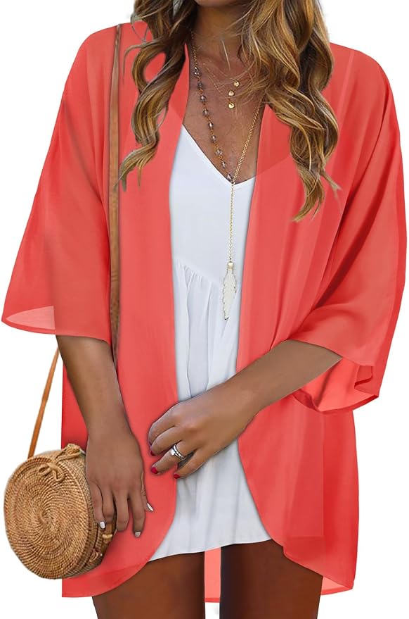 Women Kimono Cardigans Summer Cover Up Hawaiian Shirts Floral Print Tops | ROSEMIA chiffon kimono open front cardigans, beach cover ups, daily casual tops, cruise outfits, summer resort wear