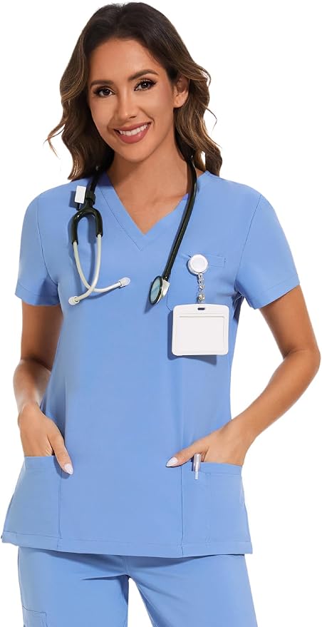Scrubs Tops for Woman - Soft Stretch, V-Neck Tops | 3 Pockets, Side Split Design, Short Sleeve, Breathable & Lightweight Nursing Shirt, Easy-Care Fabric for All-Day Comfort