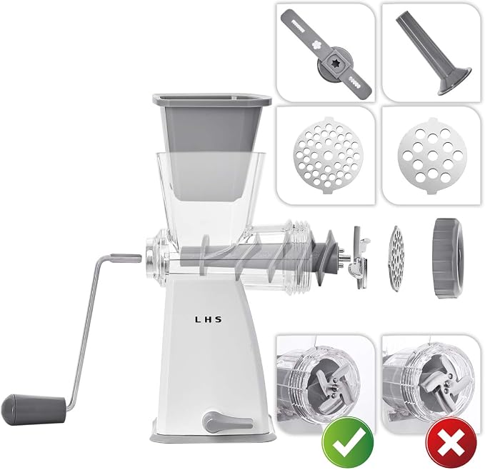 LHS Manual Meat Grinder with Stainless Steel Blades Heavy Duty Powerful Suction Base for Home Use Fast and Effortless for All Meats-Gray