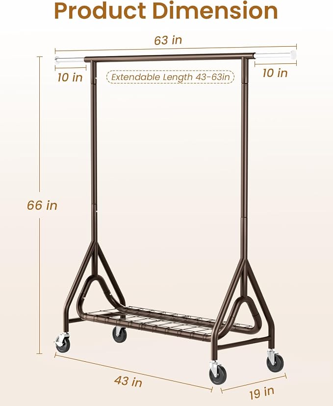 Heavy Duty Clothing Rack, Metal Clothes Rack Load 450 LBS, Rolling Coat Racks for Hanging Clothes with Lockable Wheels, Wardrobe Closet Garment Racks for Bedroom, Brown