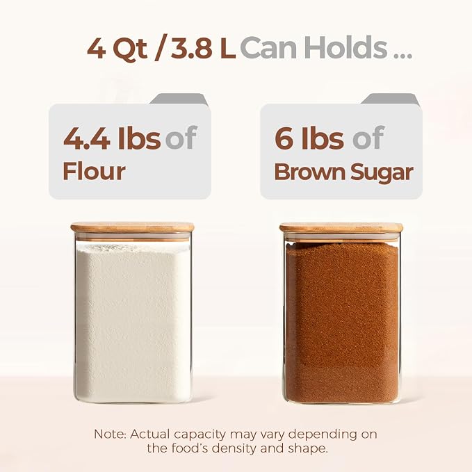 ComSaf 2Pcs Large Glass Storage Containers with Lids 4Qt, 1 Gallon Wide Mouth Flour Sugar Storage Containers, Large Capacity and Sealed for Rice, Cereal, Oat, Easy Clean and Scoop, Pantry Organization