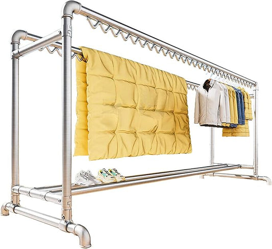 Heavy-Duty Stainless Steel Clothing Rack, Freestanding Drying Rack with Storage Shelves and Windproof Hooks, Multi-Purpose Garment Hanger Stand for Indoor and Outdoor Use.