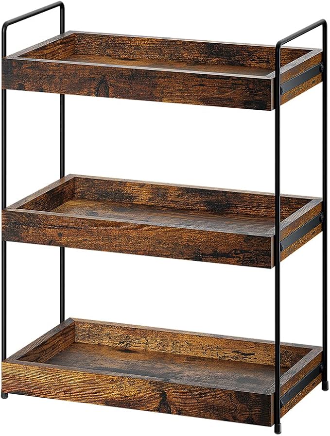 Bathroom Counter Organizer, 3-Tier Wood Spice Rack Organizer for Kitchen Counter, Vanity Skincare Organizers Shelf for Bathroom Storage Organization, Rustic Brown