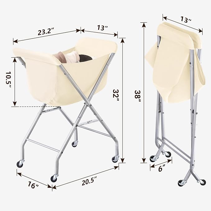 ELYKEN Laundry Basket with Wheels, Collapsible Laundry Hamper, Cream | Removable Liner Bag, Foldable Design, Sturdy Metal Frame, 4 Casters, 32”H Laundry Cart for Bedroom, Bathroom & Laundry Room
