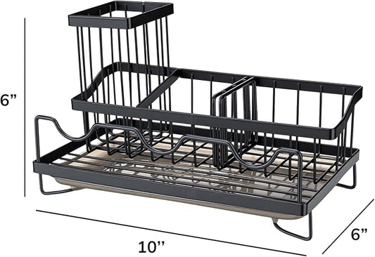Sink Caddy & Organizer with Drain Tray, Countertop Holder for Sponges, Dishwashing Liquid, Long Handle Scrubber Compartment - Black