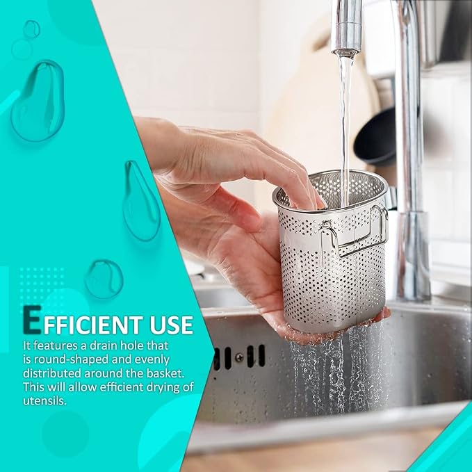 HOME&I Silverware Drying Basket for Dish Rack, Compact Oval SUS 304 Stainless Steel Hanging Utensil Holder, Cutlery Caddy for Kitchen Sink & Countertop
