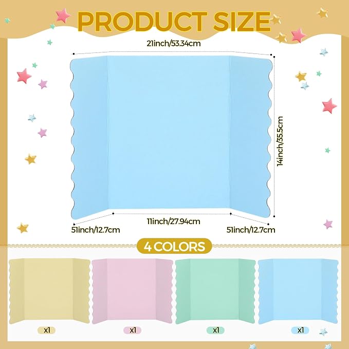 Mooliwe 4 Pack 21" x 14" Colored Trifold Poster Board, Mini Foldable Corrugated Presentation Display Board with Scalloped Border for Science Fair Events, School Projects, Back to School Supplies