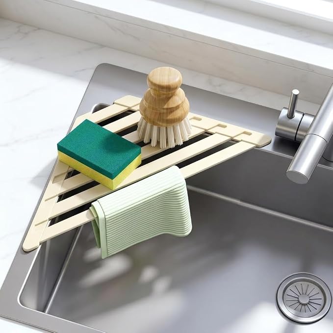 Sink Corner Drying Rack - Foldable Triangular Sink Sponge Holder, Dish Drying Rack Over the Sink, Kitchen Sink Accessories (White, 13.78" x 7.87")