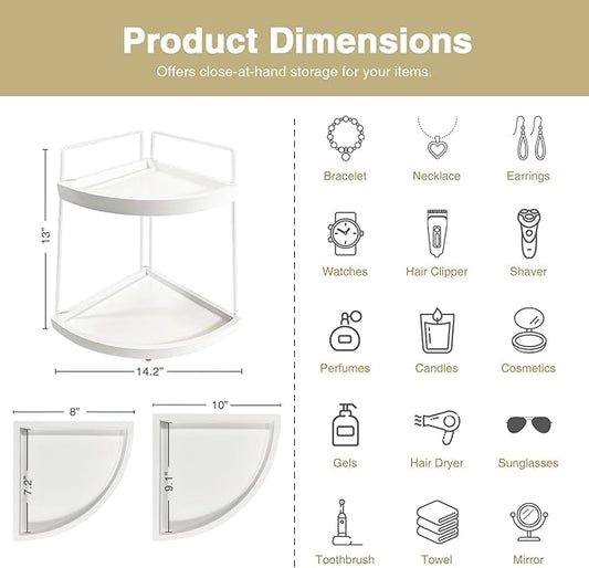 Forbena White 2 Tier Corner Bathroom Counter Organizer, Bathroom Countertop Shelf Organizer for Kitchen Sink, 2 Tier Makeup Vanity Tray for Dresser Tops Decor, Corner Shelf for Girls Bedroom (White)