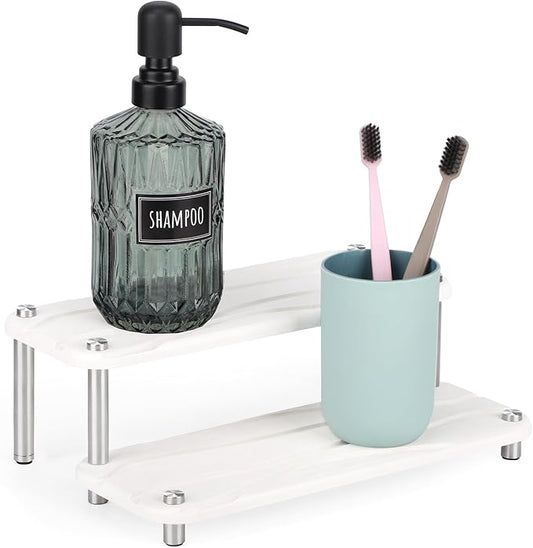 Segbeauty 2 Tier Fast Dry Diatomaceous Vanity Tray, 11x4.3in Water Absorbing Stone Drying Tray, Quick Drying Bathroom Counter Dish Soap Dispenser Rack, Kitchen Counter Sink Organizer Sponge Holder