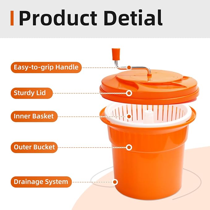 YBSVO 5-Gallon Commercial Salad Spinner Dryer– Holds 5-6 Heads | Heavy Duty Large Lettuce Dryer & Vegetable Washer – Manual Food Prep Spinner for Restaurants & Catering
