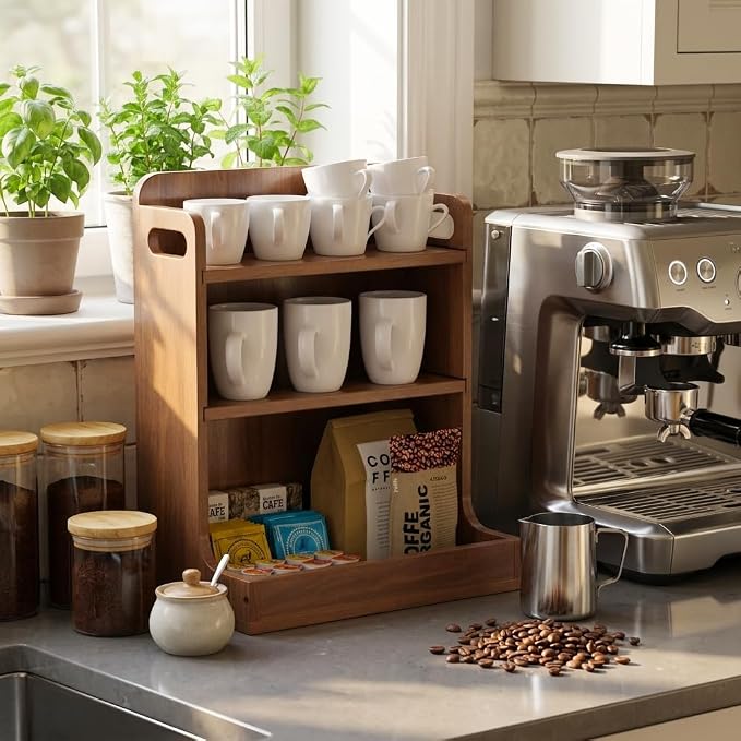 Solid Wood Matcha & Coffee Station Organizer, 3-Tier Countertop Mug Holder | Full Back Panel Thick Wood Construction, Built-in Side Handles, 3 Spacious Shelves Organize Mugs, Pods, Matcha, Tea, Spices