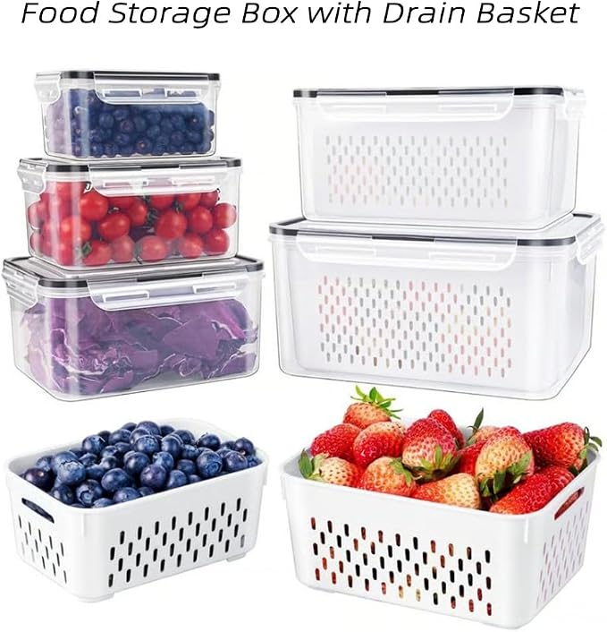 4 in 1 Food Storage Container, Fruit Storage Containers for Fridge, Produce Storage Containers with Lid and Strainer, Including Drain Basket, Multipurpose Large Fruit Containers for Fridge (S-White)