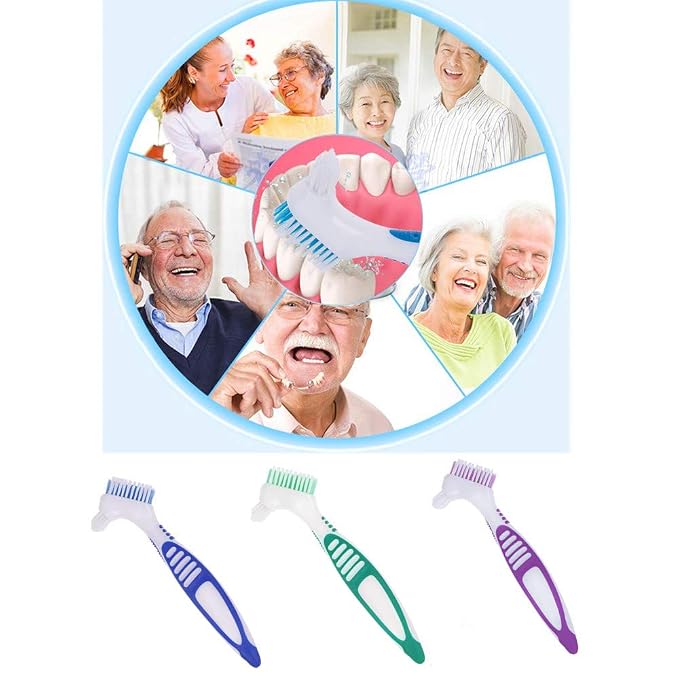 3 Pcs Denture Cleaning Brush Portable Cleaning Brush False Teeth Brushes for Denture Care Denture Cleaner with Multi-Layered Soft Bristles and Dual Angled