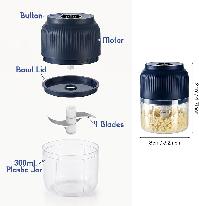 Electric Garlic Chopper, 2026 New Mini Food Processor & Food Chopper for Kitchen, Portable Cordless Garlic Mincer with 4 Stainless Steel Blades, Small Vegetable Chopper for Onion Salad (300ML Blue)