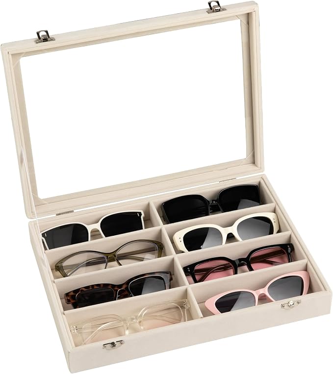 Frebeauty 8-Slot Sunglass Organizer,Velvet Sunglass Holder with Clear Lid | Vanity Glass Holder,Sunglass Case For Multiple Sunglass,Sunglass Tray for Drawer,Sunglass Box for Women,Eyeglass Organizer