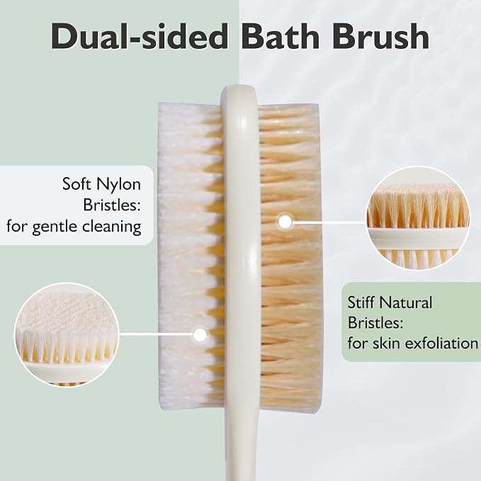 VANZAVANZU Back Scrubber for Shower, 17 Inch Long Handle Back Brush, Dual-Sided Bath Brush, Anti-Slip Handle Shower Brush for Wet or Dry Brushing (Cream White)
