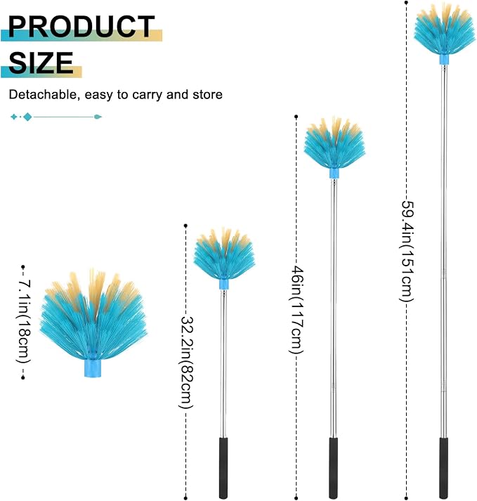 Cobweb Duster with Extension Pole，Adjustable 57" Spider Web Brush with Pole | Medium Stiff Bristles Cobweb Duster Head ，for High Ceilings, Suitable for Ceilings, Walls, Indoor Outdoor Environments