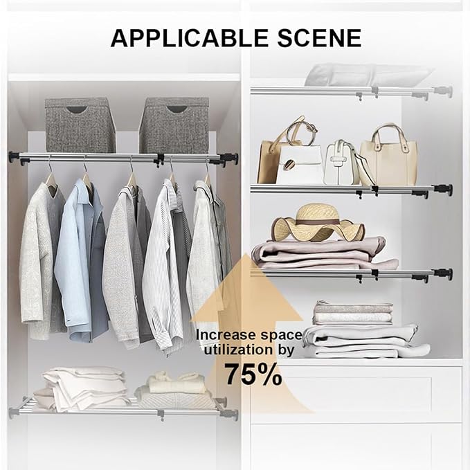Hershii Expandable Closet Tension Shelf Rod Tension Shelves for Closet | Metal Storage Rack Cabinet Organizer DIY Divider Separator Shelves for Wardrobe Cupboard Kitchen Bathroom, Black 19.69-31.5IN