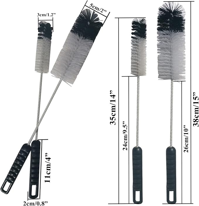 Bottle Brushes Thin Long Handle X 4, Utility Skinny Wire Cleaner Set Big Small, Bendable Flexible for Cleaning Narrow Neck Water, Beer, Wine, Baby Bottles, Pipes, Tubes, Hoses, and Flasks