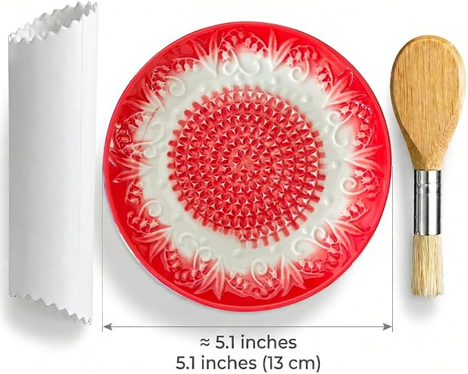 Handcrafted Ceramic Garlic Grater Plate 4-Pc Set, 5.12" Handmade Porcelain Grinding Dish with Wooden Boar Bristle Brush & Textured Silicone Peeler, Ruby Red Embossed Lily