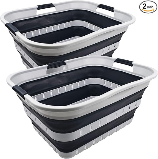 SAMMART 42L (11 gallon) Collapsible Plastic Laundry Basket - Foldable Pop Up Storage Container/Organizer - Portable Basket - Space Saving Hamper (Grey/Slate Grey (Set of 2))
