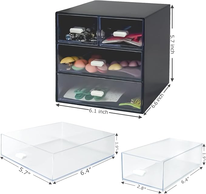 Desk Organizer with Drawer, Desk Storage Box, Plastic Office Stationery Supplies Organizers, Desktop Organizer for Office School Home (4 drawer, Black)