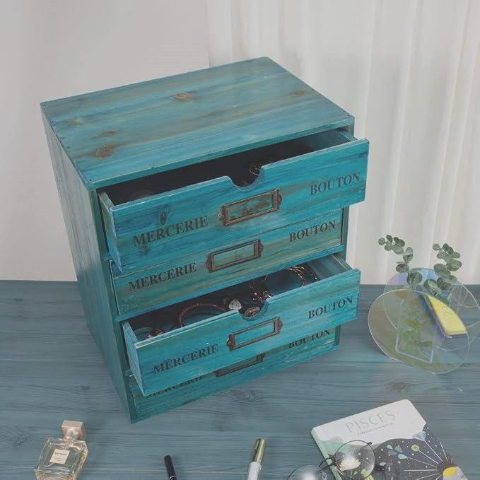 Large Wooden Drawers Wooden Box with Drawer Blue | 4 Drawer Storage Box for Apothecary Cabinet, Apothecary Drawers，Desktop Organizer with Metal Handles for Office，Home