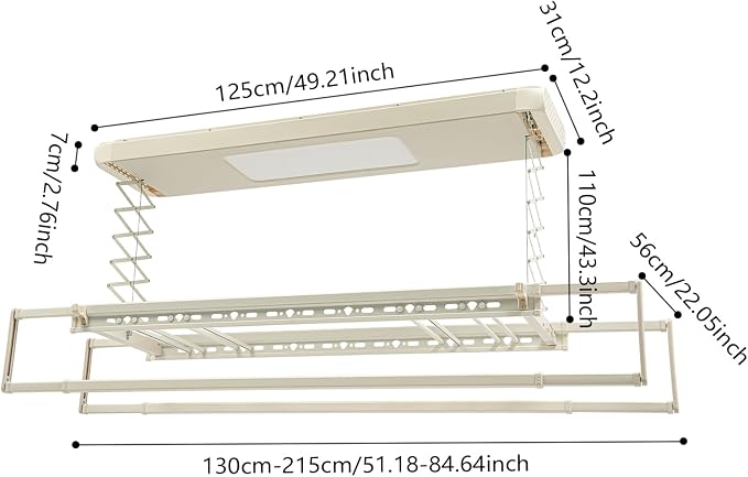 Electric Retractable Airing Rack, Ceiling Mounted Clothes Drying Rack, Retractable Clothesline, Vertical Laundry Drying Rod with LED Light & Remote, 110V 24W, Off-White Color