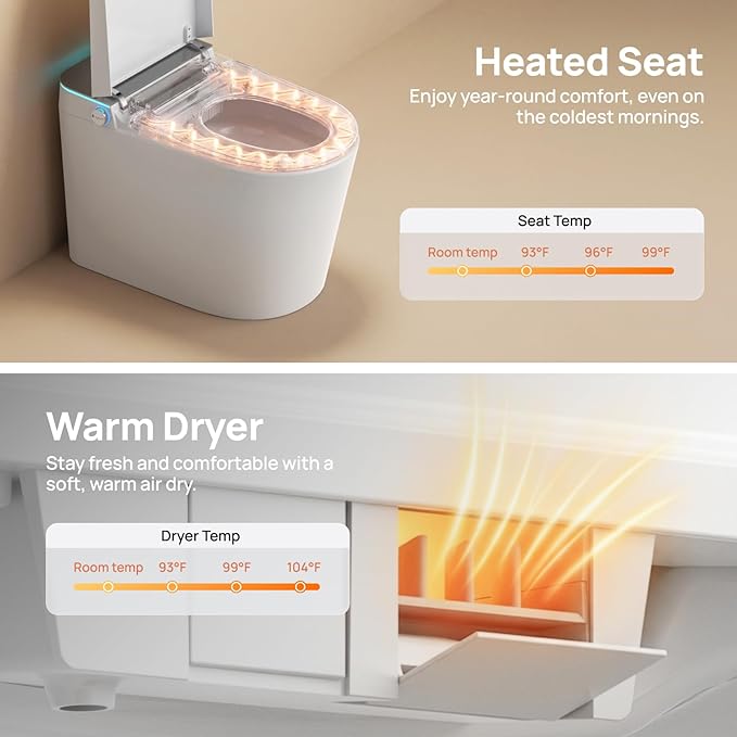 Smart Toilet with Bidet Built-in: Super Gentle Wash Bidet Toilet with Dryer, Dual Flush One Piece Toilet with Child Mode, Foam Shield, Heated Seat, Foot Sensor, UV-C Night Light, Auto Lid/Seat, Grey