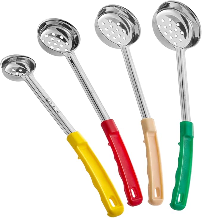 Portion Control Ladles Serving Spoons Perforated, Measuring Serving Utensils, for Restaurants, Busy Kitchens, Bariatric Surgery, Weight Loss, 1oz 2oz 3oz 4oz Color Handles Spoodle - Set of 4