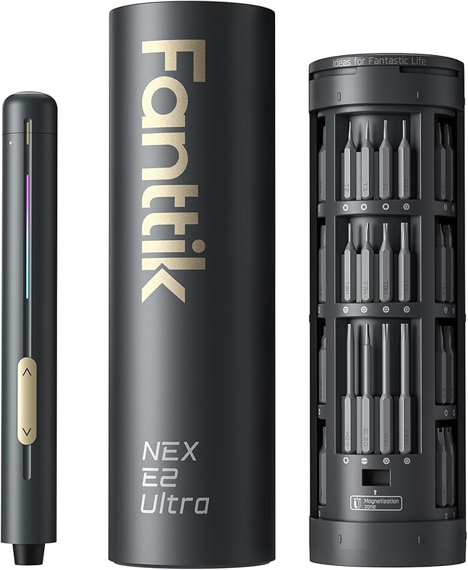 Fanttik E2 Ultra Electric Screwdriver, Precision Screwdriver Set (Grey) | 50 Magnetic Bits, 5/32''Hex Shank, 0.6N.m, RevoStor Magnetic Storage, Repair Kit for PC, Phone, 3D Printer, RC Cars, Drone