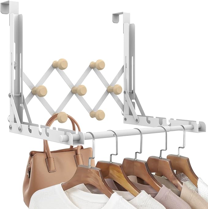FYY Over the Door Drying Rack, Foldable with 7 Hooks for Laundry Bathroom | Heavy Duty Metal, Adjustable Width, Hanging Towels Clothes, Space-Saving for Dorm Bedroom, Fits Doors up to 1.65"