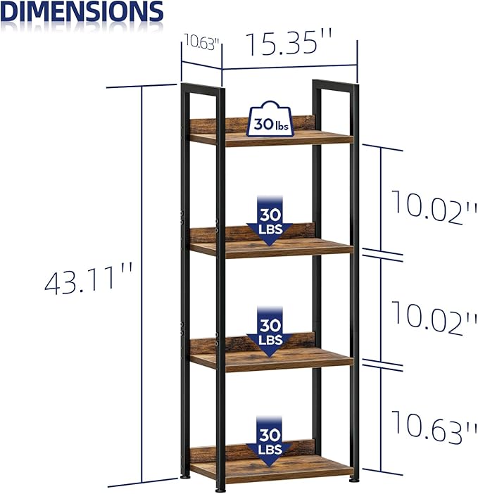 NUMENN Narrow Bookshelf, 4 Tier Freestanding Shelving Unit, Vintage | Small Book Shelf for Small Spaces, Metal Frame & Wood Shelves, Falling Prevention Baffle, Bookcase for Bedroom&Home Office